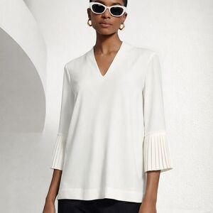 Escada Cream V-Neck Pleated Cuff Blouse